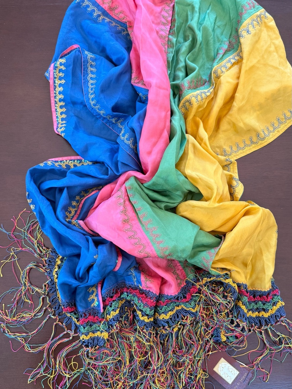 Jaipur Silk Multicolor Embroidered Fringe Scarf - Blue, Pink, Green, Yellow